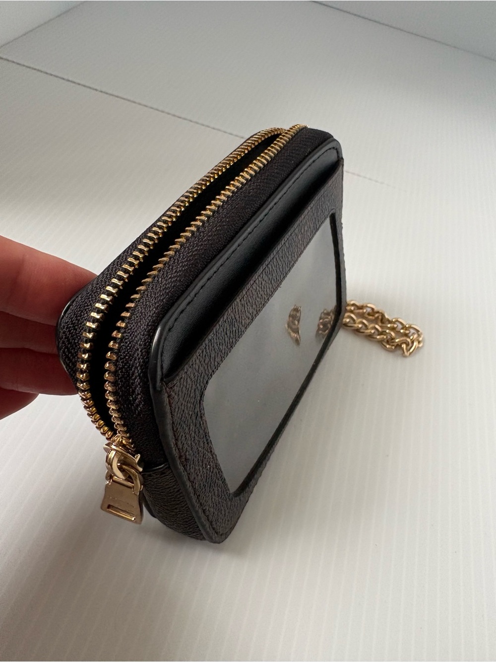 Coach Brown Signature Card Case Wristlet with Black Trim and Gold Chain - Picture 4 of 5
